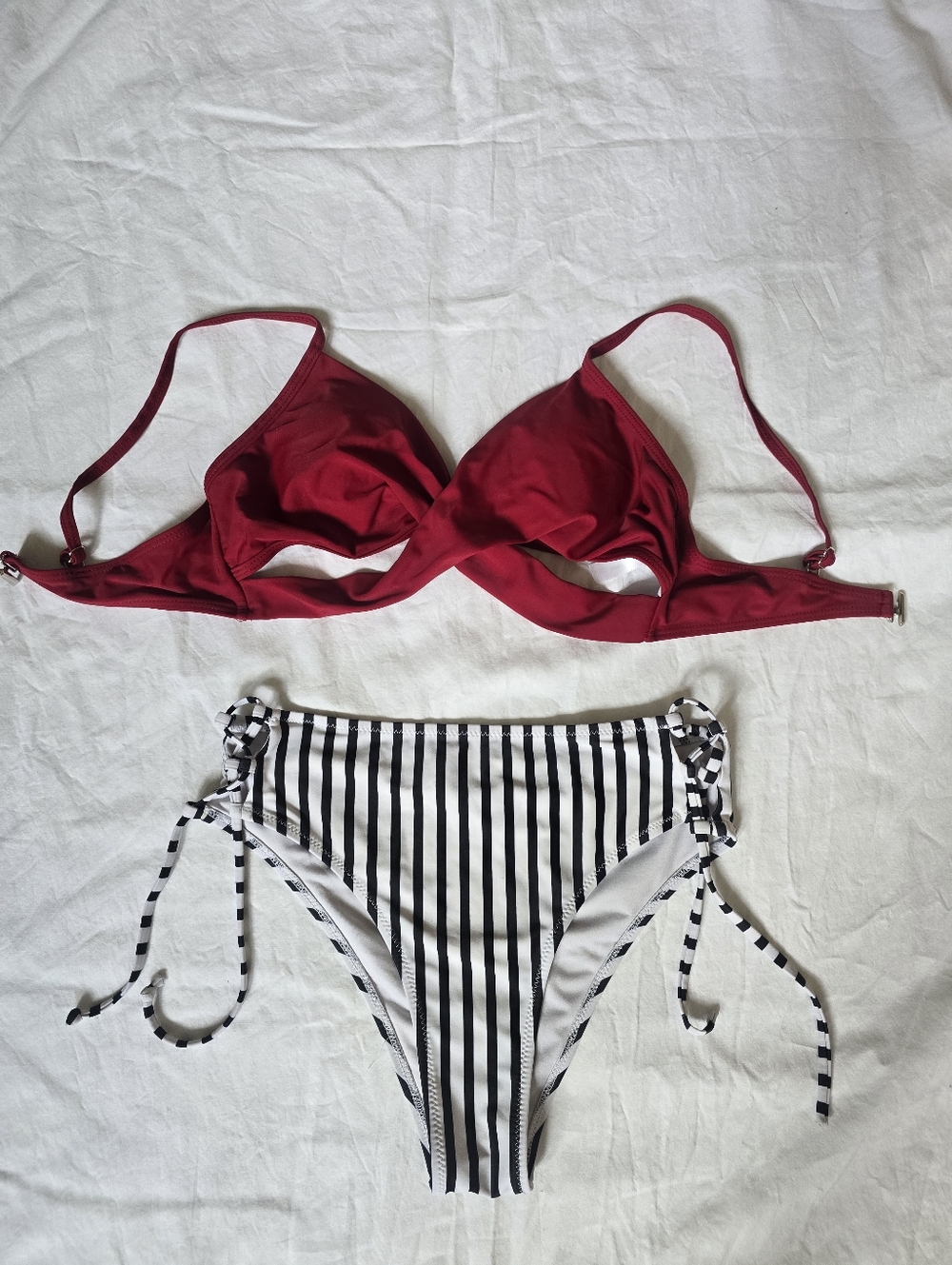 Red Bikini Top with Black & White Striped Tie-Side Bottoms